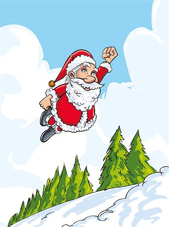 Cartoon Santa flying like super above snowy landscape below Photographie de stock - Aubaine LD & Abonnement, Code: 400-07222329