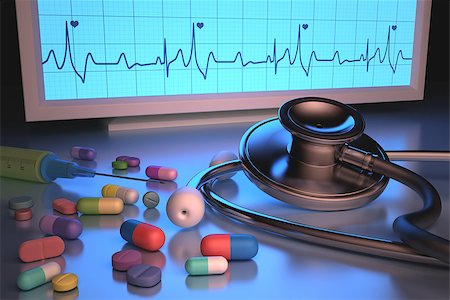 drugs heart - Stethoscope and medicines illuminated by cardiac monitor. Clipping path included. Stock Photo - Budget Royalty-Free & Subscription, Code: 400-07222568
