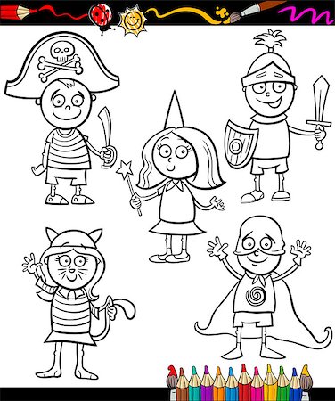 Coloring Book or Page Cartoon Illustration Set of Black and White Cute Little Children Characters in Ball Costumes Stock Photo - Budget Royalty-Free & Subscription, Code: 400-07222589