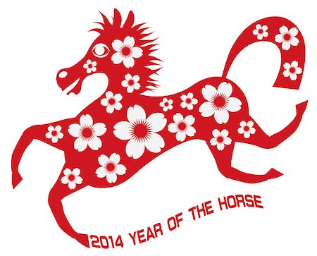 2014 Abstract Red Chinese New Year of the Horse with Cherry Blossom Flower Motif and Text Isolated on White Background Illustration Stock Photo - Budget Royalty-Free & Subscription, Code: 400-07222909