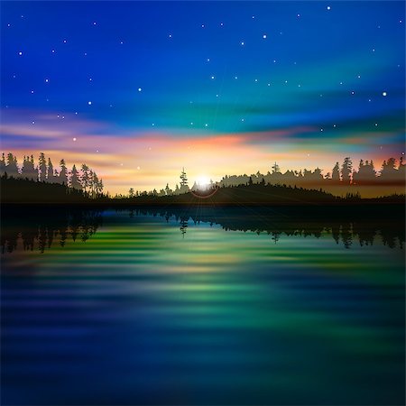 simsearch:400-07924233,k - abstract blue nature background with forest lake and sunrise Foto de stock - Super Valor sin royalties y Suscripción, Código: 400-07222926