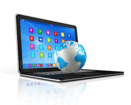 simsearch:649-07279534,k - 3D Laptop Computer and World Globe - apps icons interface - isolated on white with clipping path Foto de stock - Super Valor sin royalties y Suscripción, Código: 400-07223129