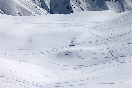 simsearch:400-07217910,k - View on snowy off piste slope with trace from ski and snowboards. Caucasus Mountains, Georgia, ski resort Gudauri. Stock Photo - Budget Royalty-Free & Subscription, Code: 400-07223269