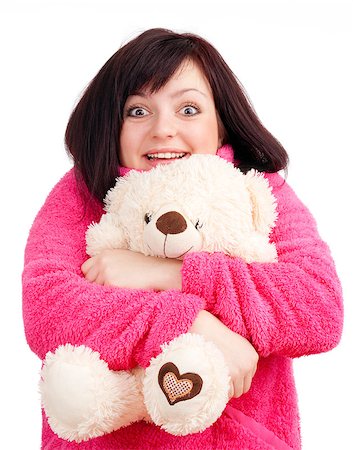 Young Woman in Pink Bathrobe Cuddling with her Teddy Bear Stock Photo - Budget Royalty-Free & Subscription, Code: 400-07223369