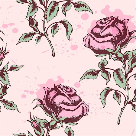 Vector vintage floral seamless pattern with pink roses Stock Photo - Budget Royalty-Free & Subscription, Code: 400-07223527
