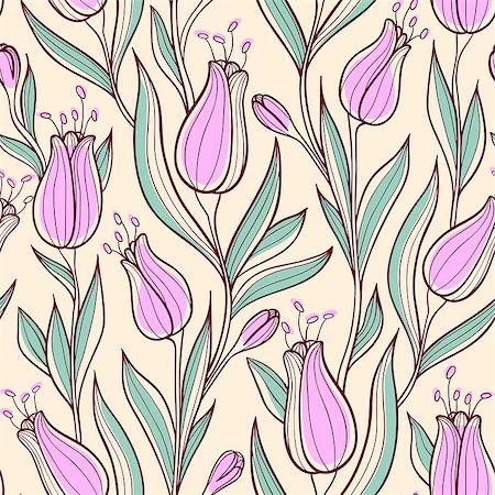 Vector floral seamless pattern with pink tulips Stock Photo - Budget Royalty-Free & Subscription, Code: 400-07223521