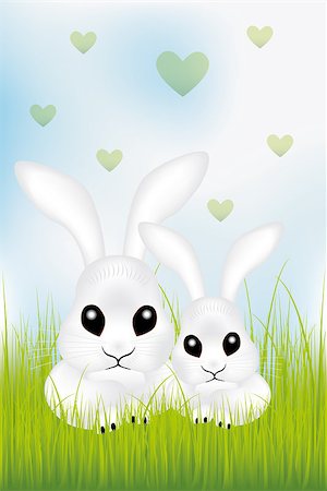 simsearch:400-06798041,k - Adorable Easter rabbits in green grass with green hearts under the cloudy sky - illustration Foto de stock - Super Valor sin royalties y Suscripción, Código: 400-07223616