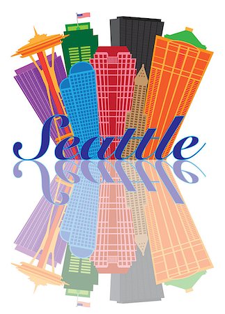 simsearch:400-07104696,k - Seattle Washington Abstract Downtown City Skyline with Reflection Isolated on White Background Illustration Foto de stock - Super Valor sin royalties y Suscripción, Código: 400-07223719