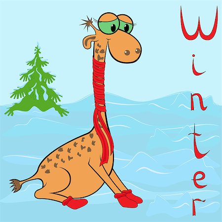 simsearch:400-07223723,k - Why Giraffe is so cold in winter? Cheerful Giraffe wrapped in a scarf on neck on the background of a winter landscape. Hand drawing cartoon vector illustration Stock Photo - Budget Royalty-Free & Subscription, Code: 400-07223726