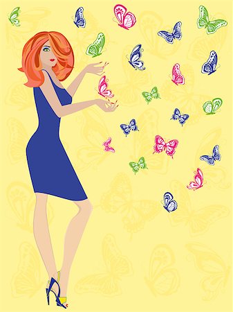 simsearch:400-07466197,k - Young woman with butterflies on the butterflies background , hand drawing vector illustration Stock Photo - Budget Royalty-Free & Subscription, Code: 400-07223730