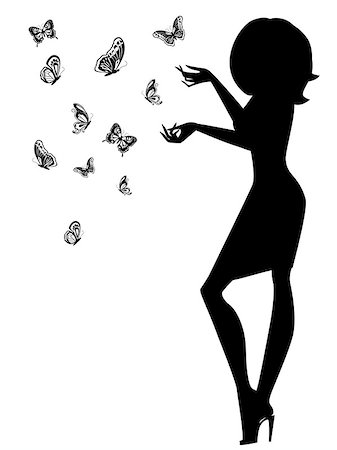 simsearch:400-07466197,k - Beautiful young woman silhouette with butterflies, hand drawing black and white vector illustration Stock Photo - Budget Royalty-Free & Subscription, Code: 400-07223731