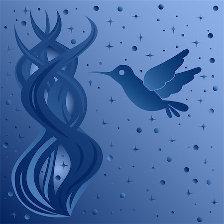 Phantasmagoric composition with bird on starry sky background, hand drawing vector illustration in blue tints Stock Photo - Budget Royalty-Free & Subscription, Code: 400-07223733