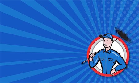 simsearch:400-06737646,k - Business card template showing illustration of a chimney sweeper cleaner worker with sweep broom viewed from front set inside circle done in cartoon style. Foto de stock - Super Valor sin royalties y Suscripción, Código: 400-07223996