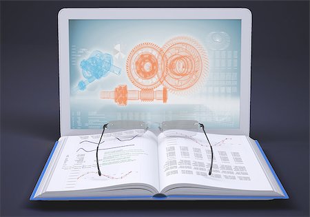 Hi-tech building in laptop screen, open book and glasses. The concept of future technologies. 3d rendering Stock Photo - Budget Royalty-Free & Subscription, Code: 400-07244162