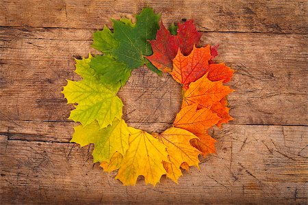 Colorful autumn leaves in form of wreath on rustic wooden background Foto de stock - Royalty-Free Super Valor e Assinatura, Número: 400-07244501