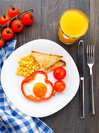 fried egg and pepper - Fried egg in sweet red paprika with tomato, corn and toast Stock Photo - Budget Royalty-Free & Subscription, Code: 400-07244677