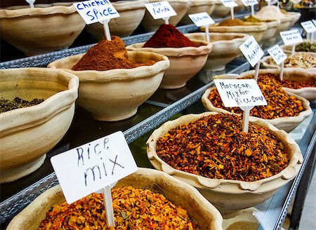 A table full of ceramic bowls with various spice mixes is on display in a Jerusalem spice market. Stock Photo - Budget Royalty-Free & Subscription, Code: 400-07244701