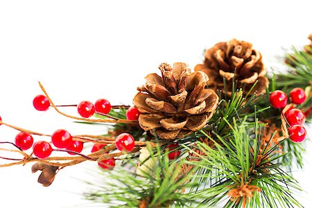 simsearch:400-06391837,k - Christmas decoration with holly berry, cones and fir tree branch isolated on white background. Stock Photo - Budget Royalty-Free & Subscription, Code: 400-07244836