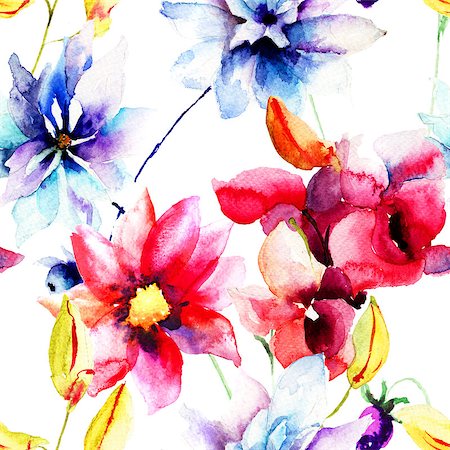 simsearch:400-07245386,k - Seamless wallpaper with wild flowers, watercolor illustration Stockbilder - Microstock & Abonnement, Bildnummer: 400-07245343