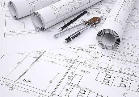 Compass, pencil and ruler lie on the drawing. 3d render Photographie de stock - Aubaine LD & Abonnement, Code: 400-07245962