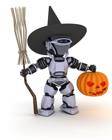 simsearch:400-07902525,k - 3D render of a Robot witch with pumpkin Stock Photo - Budget Royalty-Free & Subscription, Code: 400-07246530