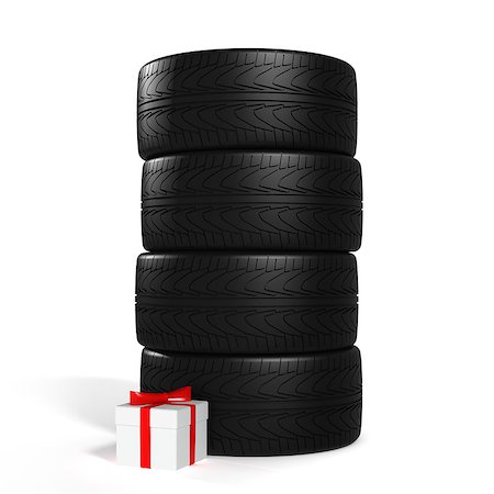 Four New Car Tires and White Gift with Red Ribbon On the White Background Stock Photo - Budget Royalty-Free & Subscription, Code: 400-07246979