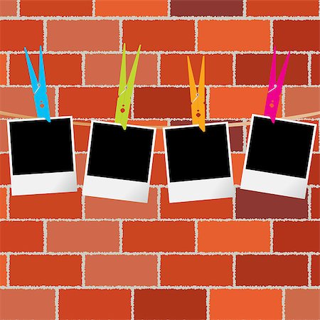 simsearch:400-05083466,k - Blank photo frames with clothes pegs on rope over brick wall Stock Photo - Budget Royalty-Free & Subscription, Code: 400-07247570