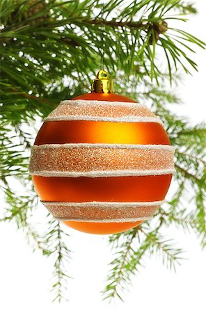 round ornament hanging of a tree - decoration ball on fir branch, white background Stock Photo - Budget Royalty-Free & Subscription, Code: 400-07248041