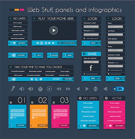 simsearch:400-06766770,k - Web Design Stuff: price panels, Login forms, headers, footers, icons, infographic panels and a multimedia movie player. Photographie de stock - Aubaine LD & Abonnement, Code: 400-07249230