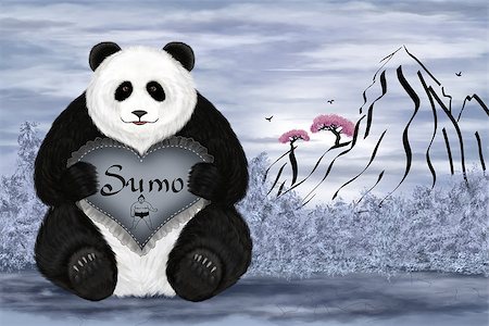 simsearch:400-08920013,k - Digital art illustration. Big panda sumo. Background in japanese style. Foto de stock - Royalty-Free Super Valor e Assinatura, Número: 400-07249344