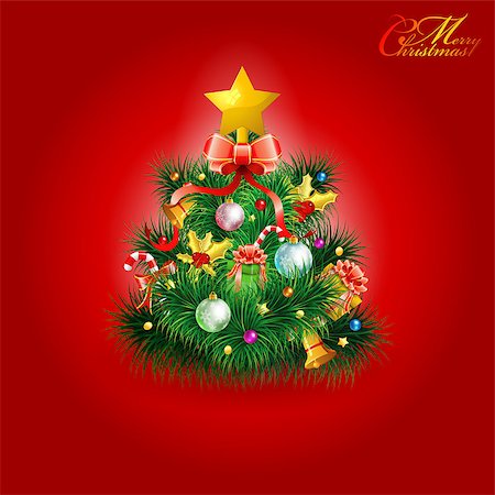 simsearch:400-07061808,k - Christmas Tree with Candy, Fir Branches, Mistletoe and Gift on Red Background, vector illustration Photographie de stock - Aubaine LD & Abonnement, Code: 400-07249592