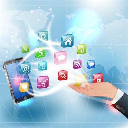 social networking illustration - Business Concepts. Hand and Smartphone with Application Icons on Abstract Background Stock Photo - Budget Royalty-Free & Subscription, Code: 400-07249615