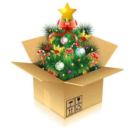 simsearch:400-06430253,k - Christmas Tree with Candy, Fir Branches, Mistletoe, Gift in Cardboard Box, icon isolated on white, vector illustration Stock Photo - Budget Royalty-Free & Subscription, Code: 400-07249627