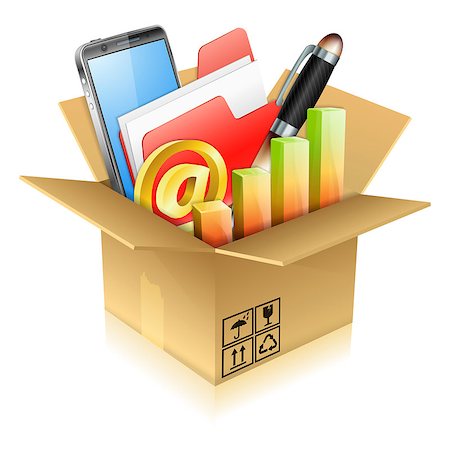 Business Concept - Open Cardboard Box with Smartphone, Pen, Diagram, Folder and Email Sign Stock Photo - Budget Royalty-Free & Subscription, Code: 400-07249628