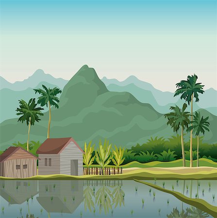 east village - Tropical vector landscape with palms, hut and mountains Stock Photo - Budget Royalty-Free & Subscription, Code: 400-07249923