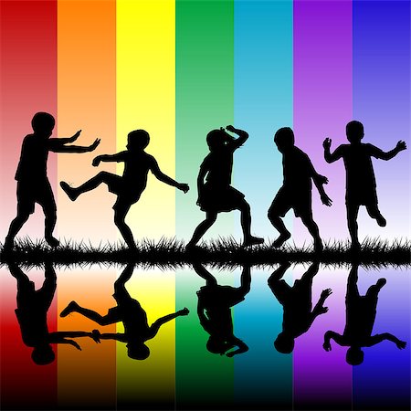 simsearch:400-07924004,k - Children silhouettes playing over rainbow background Photographie de stock - Aubaine LD & Abonnement, Code: 400-07243888