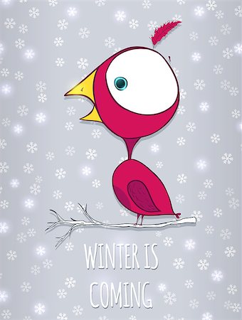 Bird sitting on branch. Winter background with snowflakes. Doodle vector Illustration Stock Photo - Budget Royalty-Free & Subscription, Code: 400-07255210