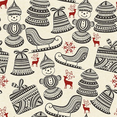 simsearch:400-07256607,k - vector holiday  winter pattern with sledge, snowman, boxes, snowflakes, deers, and fir trees, seamless pattern in swatch menu Stock Photo - Budget Royalty-Free & Subscription, Code: 400-07255331