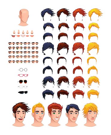 Fashion male avatars. 8 hairstyles and 5 eyes in different colors, 5 mouths, 5 noses, 5 glasses, 1 head, for multiple combinations. In this image, some previews. Vector file, isolated objects. Stock Photo - Budget Royalty-Free & Subscription, Code: 400-07255695