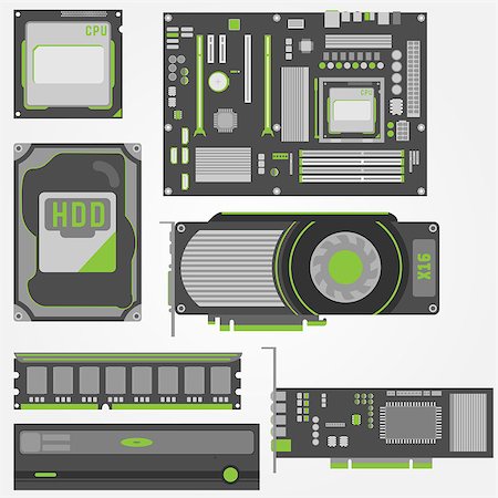 Simple and stylish icons for computer parts in green and gray colors. Fotografie stock - Microstock e Abbonamento, Codice: 400-07256143