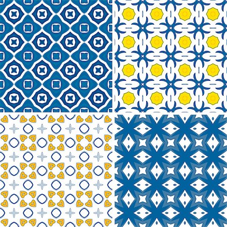 Set of four seamless pattern illustration in blue, orange and yellow - like Portuguese tiles Stock Photo - Budget Royalty-Free & Subscription, Code: 400-07256199