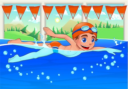 smile as mask for boy - Young swimmer in the swimming pool. Funny cartoon and vector illustration. Stock Photo - Budget Royalty-Free & Subscription, Code: 400-07256602