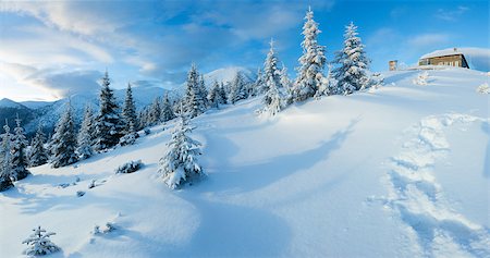 simsearch:400-06861143,k - Morning winter mountain landscape with fir trees on slope and house on hill top (Carpathian, Ukraine). Foto de stock - Super Valor sin royalties y Suscripción, Código: 400-07256799
