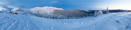 simsearch:400-07101023,k - Predawn morning winter mountain panorama with snow covered trees and houses on slope (Carpathian, Ukraine). Photographie de stock - Aubaine LD & Abonnement, Code: 400-07256813