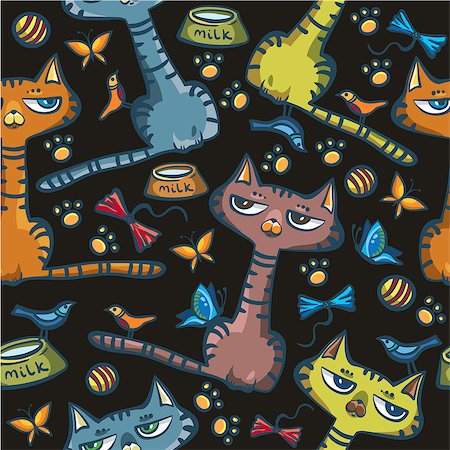 simsearch:400-07315892,k - Seamless pattern with cartoon funny cats on a black background. Fotografie stock - Microstock e Abbonamento, Codice: 400-07257247