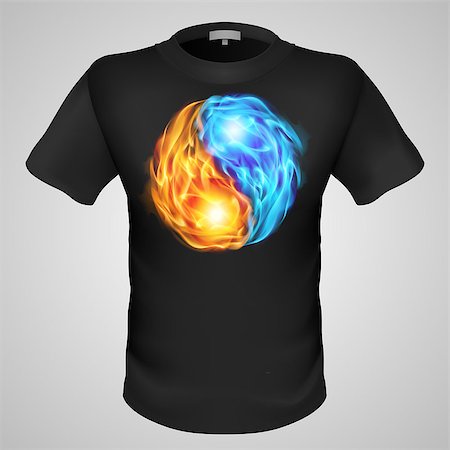 simsearch:400-07257318,k - Black male t-shirt with fire yin and yang print on grey background. Fotografie stock - Microstock e Abbonamento, Codice: 400-07257308