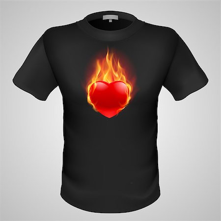 simsearch:400-07257318,k - Black male t-shirt with fiery red heart print on grey background. Fotografie stock - Microstock e Abbonamento, Codice: 400-07257302