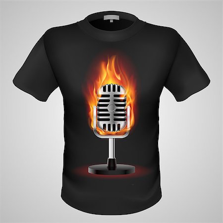 simsearch:400-07257318,k - Black male t-shirt with fiery retro microphone print on grey background. Fotografie stock - Microstock e Abbonamento, Codice: 400-07257315
