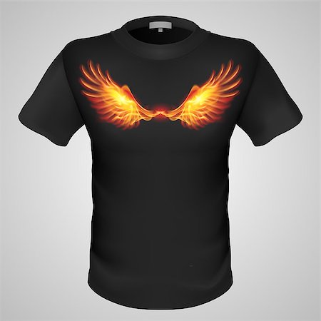 simsearch:400-07257318,k - Black male t-shirt with fiery wings print on grey background. Fotografie stock - Microstock e Abbonamento, Codice: 400-07257318