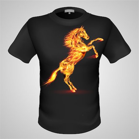 simsearch:400-07257318,k - Black male t-shirt with fiery horse print on grey background. Fotografie stock - Microstock e Abbonamento, Codice: 400-07257509